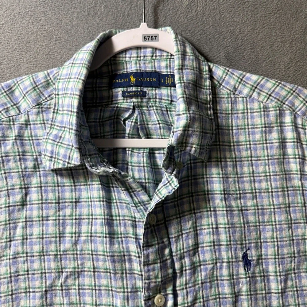 Ralph Lauren Mens Large Linen Plaid Short Sleeve Button Down Shirt Blue Green